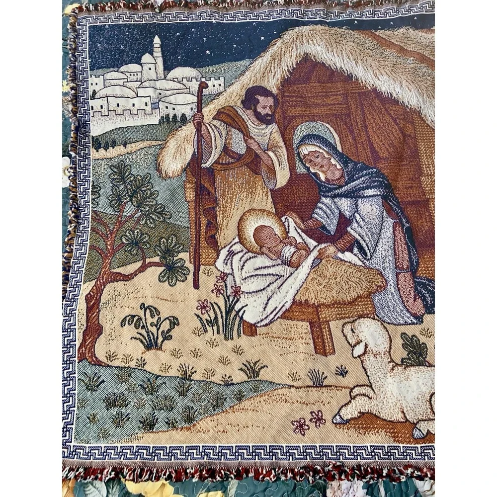 Vtg USA Woven Nativity Tapestry Throw Blanket Mary Joseph Jesus Christmas **